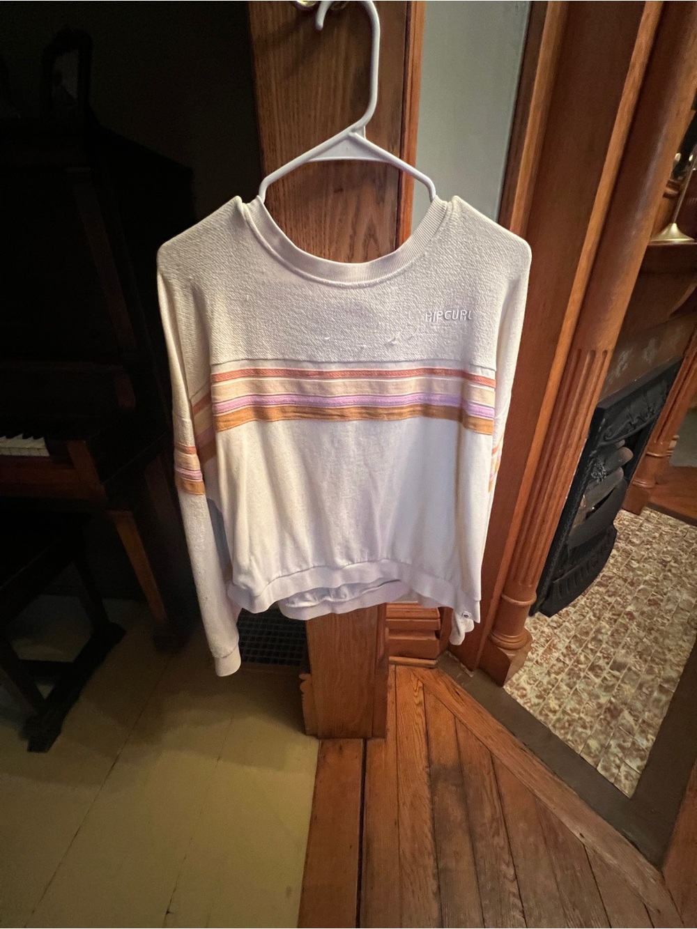 Rip Curl Cream Crewneck Sweater with Pastel Pink and Orange Stripes
